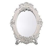 JUXYES Espejo de Mesa pequeño de Metal Vintage con Soporte, Espejo de Escritorio con Rosas Antiguas en Relieve, Espejo de Maquillaje Retro Ovalado cosmético Decorativo para centros de Mesa