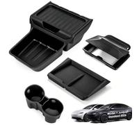 JUYANO 4 Pièces Accessoire pour Tesla Model Y Juniper Standard 2026 2025, Comprend un Rangement Inférieur Console Centrale, Rangement Dissimulé, Socle Recharge, Porte-gobelet