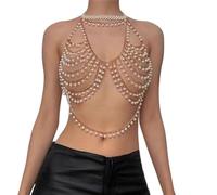 JUYAXIN Chaleco de cuello halter con cuentas de perlas de varias capas para mujer, cadena de pecho hueca, joyería corporal, bralette para fiestas y clubes, Resina