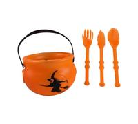 JUYAXIN Juego de cubo y cubiertos para dulces de Halloween con asa, para decoración de fiestas, suministros de fiesta