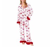 JUYAXIN Lujoso pijama de satén para mujer, con estampado de corazón y lazo, conjunto de dormir de 2 piezas, camisa de manga larga, pantalones, pijama para pijama de seda con diseño de corazón y lazo