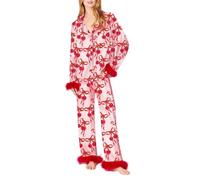 JUYAXIN Lujoso pijama de satén para mujer, con estampado de corazón y lazo, conjunto de dormir de 2 piezas, camisa de manga larga, pantalones, pijama para pijama de seda con diseño de corazón y lazo