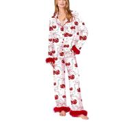 JUYAXIN Lujoso pijama de satén para mujer, con estampado de corazón y lazo, conjunto de dormir de 2 piezas, camisa de manga larga, pantalones, pijama para pijama de seda con diseño de corazón y lazo