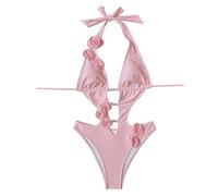 JUYAXIN Traje de baño monokini con cuello en V para mujer, diseño de flores, perlas, adornos, espalda descubierta, traje de baño para surf, natación, traje de baño para mujer, traje de baño monokini