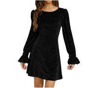 JUYAXIN Vestido de manga larga para mujer, entallado, fruncido, manga abombada, brillante, para fiesta, manga larga, entallado, fruncido, fiesta brillante, Negro, XXL