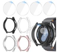 Jvchengxi 4+4Piezas Funda 44mm para Samsung Galaxy Watch 7 Protector, Antiarañazos PC Carcasa + HD Protector de Pantalla de Cristal Templado para Galaxy Watch 7 44mm (Negro+Plat OroRos Claro)
