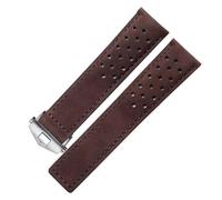 JVEIWAD Correa de reloj ventilada de piel de becerro auténtica, compatible con Tag Heuer Aquaracer Carrera, pulsera MONACO for hombre, 20 mm, 22 mm y 24 mm.(Dark brown silver,22mm)