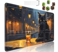 JVGFYNKL Tapete de juego TCG, tapete de juego con zonas, 24 x 14 pulgadas, goma antideslizante para MTG con bolsa de viaje con cordón y 6 dados, gato negro en el café por la noche para MTG