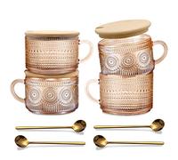 JVJRFQ Juego de 4 tazas de café de vidrio vintage ámbar para mujer, 14 onzas, tazas de té de cristalería en relieve para desayuno, capuchino, latte, yogur, regalos de Navidad, día de la madre,