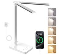 JVURICE Lámpara de Escritorio LED 15W Regulable con Protección Ocular, 5 Colores y 10 Niveles de Brillo, Función de Carga con Adaptador, Temporizador, Modo Memoria Lectura, Lámpara de Mesa para Niños