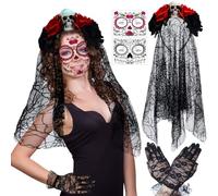 JWDMHSJ Velo Diadema de Flores de Halloween, Diadema Del Día De Muertos con Rosas Rojas, Accesorio para Disfraz de Halloween, para Mujer, Festival, Carnaval de Halloween (A)