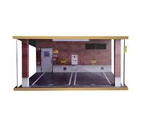 JWQFBC Fondo Acrílico 1:18, Escena de Estacionamiento de Madera con Garaje Doble Y 120 Luces LED, Colección de Decoración de Escritorio, Pared de ladrillo Rojo