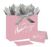JWSCYSY Bolsa de papel rosa y plateado metálico de 12.6 pulgadas, bolsa de regalo con tarjeta, cinta y papel de seda, ideas de regalo para fiesta de aniversario, suministros de fiesta de aniversario