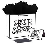 JWSCYSY Bolsa de regalo de 12.6 pulgadas, color blanco y negro metálico con tarjeta y papel de seda, ideas de regalo para profesores, graduación, jubilación, celebración, cumpleaños (mejor profesor)