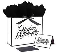 JWSCYSY Bolsa de regalo de 12.6 pulgadas de color blanco y negro metálico con tarjeta, cinta y papel de seda, ideas de regalo para graduación, jubilación, celebración de fiesta (feliz jubilación)