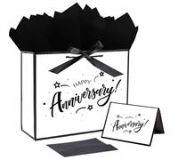 JWSCYSY Bolsa de regalo de aniversario de 32 cm, color blanco y negro metálico con tarjeta, cinta y papel de seda, ideas de regalo para fiesta de aniversario, suministros de fiesta de aniversario de