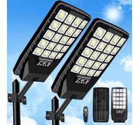 JWT Paquete de 2 luces solares de calle impermeables para exteriores, luz solar con sensor de movimiento y control remoto, 6500 K, 20000 lm, luces solares comerciales del atardecer al amanecer para