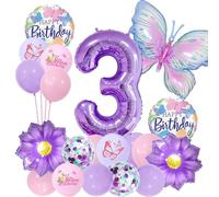 JWTRSVTY 20Pcs Mariposa Globos Aluminio, Decor Mariposa Fiesta Cumpleaños, Globo Número 3 años, Globos Latex de Colores, Globo Mariposa Decoración Infantil, para Niños Niñas Decoración Temática