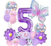 JWTRSVTY 20Pcs Mariposa Globos Aluminio, Decor Mariposa Fiesta Cumpleaños, Globo Número 5 años, Globos Latex de Colores, Globo Mariposa Decoración Infantil, para Niños Niñas Decoración Temática