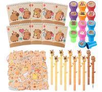 JWTRSVTY 82 PCS Capybara Cumpleaños Fiesta Regalo, Capybara Temática Papelería Fiesta Regalo, Capybara Party Favor Supplies, Incluye 12 Sellos, 10 Neutros Bolígrafos, 10 Libros De Bobina, 50 Pegatinas