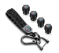 JxbJQQ Coche Válvula Tapas para Alfa Romeo Stelvio Giulia Brera, Genuino Cuero Llavero, Metal Negro Neumático Válvula Tapones, Regalo para Hombres Mujeres