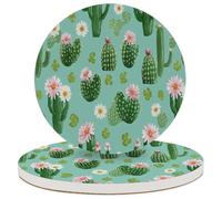 JXDXHCW Juego de 2 posavasos de cerámica absorbente con base de corcho, diseño de corazón de cactus rosa y flor redonda para el hogar, cocina, bar, 10 cm