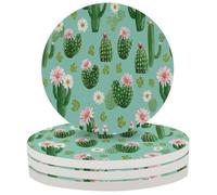JXDXHCW Juego de 4 posavasos de cerámica absorbente con base de corcho, diseño de corazón de cactus rosa y flor redonda para el hogar, cocina, bar, 10 cm