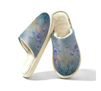 JXDXHCW Pantuflas cálidas para mujer y hombre, zapatos de casa para | Parte superior similar a la gamuza, forro de piel corta sintética, suela antideslizante, cómoda, lavable, prado azul pastel