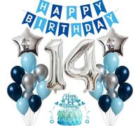 Jxuzh 14 cumpleaños decoración niño niña globo decoración 14 cumpleaños niño azul marino plata decoración de cumpleaños 14 cumpleaños globos decoración 14 cumpleaños feliz cumpleaños banner para f