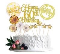 Jxuzh Decoración para tartas de 60 cumpleaños, oro para mujer y hombre, Happy Birthday 60 Glitter Cake Topper 60. Decoración para tartas de cumpleaños Happy 60th Birthday decoración para tartas d