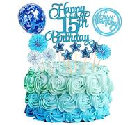 Jxuzh Happy 15th Birthday - Decoración para tartas de 15º cumpleaños con corazón y estrella, color azul