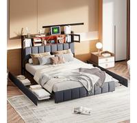 JYCRA - Cama de adulto de 140 x 200 cm, con cajón, cama doble acolchada, compartimento de almacenamiento de noche, barra de luz LED ajustable, puerto de carga, tela de lino, negro (140 x 200 cm)
