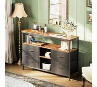 JYCRA - Mueble de TV con luces LED, 137 x 30 x 78 cm, mueble de TV industrial con 4 cajones, pequeño mueble Tele con almacenamiento cómodo de tela para el salón dormitorio entrada (negro, 137 x 30 x