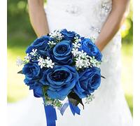 JYCRA Ramo de rosas artificiales para novia, ramo de dama de honor, ramo de rosas falsas de seda realista para ceremonia de boda (azul)