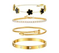 JYIXXZX 4 Piezas Pulsera Mujer Trébol de Cuatro Hojas Pulseras Acero Inoxidable Chapada en Oro 18K Pulsera Ajustable Apilables Tenis Pulseras de la Suerte Joyas Regalos (Negro)