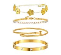 JYIXXZX 4 Piezas Pulsera Mujer Trébol de Cuatro Hojas Pulseras Acero Inoxidable Chapada en Oro 18K Pulsera Ajustable Apilables Tenis Pulseras de la Suerte Joyas Regalos (Oro)
