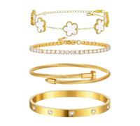 JYIXXZX 4 Piezas Pulsera Mujer Trébol de Cuatro Hojas Pulseras Acero Inoxidable Chapada en Oro 18K Pulsera Ajustable Apilables Tenis Pulseras de la Suerte Joyas Regalos (Blanco)