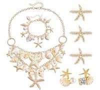 JYIXXZX 7 Piezas Juego de Joyas para Mujer Concha de Perla Estrella de Mar Collar Pulsera Pendientes para el Pelo Accesorios de Disfraz de Sirena Boho Joyería de Vida Marina para Vacaciones Playa