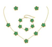 JYIXXZX Conjunto de Joyas para Mujer con Trébol de Cuatro Hojas 18K Oro Plateado Acero Inoxidable Doble Cara Trébol de Cuatro Colgante Collar Pendientes Pulsera Juego de Joyas Ajustable Regalo (Verde)