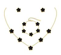 JYIXXZX Conjunto de Joyas para Mujer con Trébol de Cuatro Hojas 18K Oro Plateado Acero Inoxidable Doble Cara Trébol de Cuatro Colgante Collar Pendientes Pulsera Juego de Joyas Ajustable Regalo (Negro)