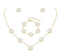 JYIXXZX Conjunto de Joyas para Mujer con Trébol de Cuatro Hojas 18K Oro Plateado Acero Inoxidable Doble Cara Trébol de Cuatro Colgante Collar Pendientes Pulsera Juego de Joyas Ajustable Regalo (Blanc)