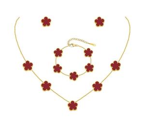 JYIXXZX Conjunto de Joyas para Mujer con Trébol de Cuatro Hojas 18K Oro Plateado Acero Inoxidable Doble Cara Trébol de Cuatro Colgante Collar Pendientes Pulsera Juego de Joyas Ajustable Regalo (Rojo)