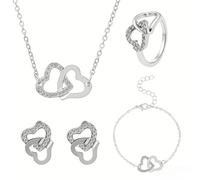 JYIXXZX Conjuntos de Joyas para Mujer y Niñas Amor Corazón Colgante Collar Pendientes Pulsera Anillo Doble Amor Cadena de Cristal Ajustable Juego de Joyas con Circonita Regalos de Cumpleaños Boda (P)