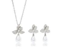 JYIXXZX Juego de Joyas de Perlas para Mujer Oro Plata Collar de Flores de Perlas y Pendientes Conjunto de Joyería de Boda con Circonita Cúbica Regalos para Novia Dama de Honor Fiesta (Plata)
