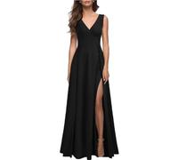 JYIXXZX Vestido de Fiesta para Mujer Elegantes Vestido Largo con Abertura sin Mangas Sexy Maxi Vestidi A-línea Cuello en V Ajustado Vestidi de Noche de Dama de Honor para Coctel Ceremonia Boda