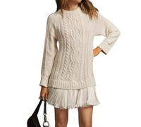 JYIXXZX Vestido de Punto Mujer Mini Vestido de Jersey Manga Larga Casual Vestidos de Suéter Cuello Redondo Vestidos Corto de Patchwork Plisado para Diaria Otoño Invierno