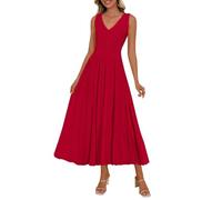 JYIXXZX Vestido Largo Verano Mujer Midi Vestidos sin Mangas Cuello en V Elegante Plisado Vestido Línea A Casual Vestidos de Fiesta Swing para Cóctel Invitada Boda Playa