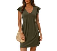 JYIXXZX Vestido Verano Mujer Elegante Manga Volante Cuello en V Vestido de Playa Corto Suelto Casual Color Sólido Vestidos Moda Cintura Alta línea A Mini Vestidos