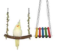 JYJLLM Juego de 2 columpios para pájaros: 1 columpio de madera natural y 1 puente colgante de arco iris, accesorio para periquitos, loros, canarios, periquitos