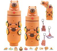 JYJLLM Kawaii - Portalápices de silicona Capybara con 25 pegatinas y 3 llaveros - Organizador de escritorio Kawaii, alternativa para la oficina, almacenamiento de lápices y accesorios